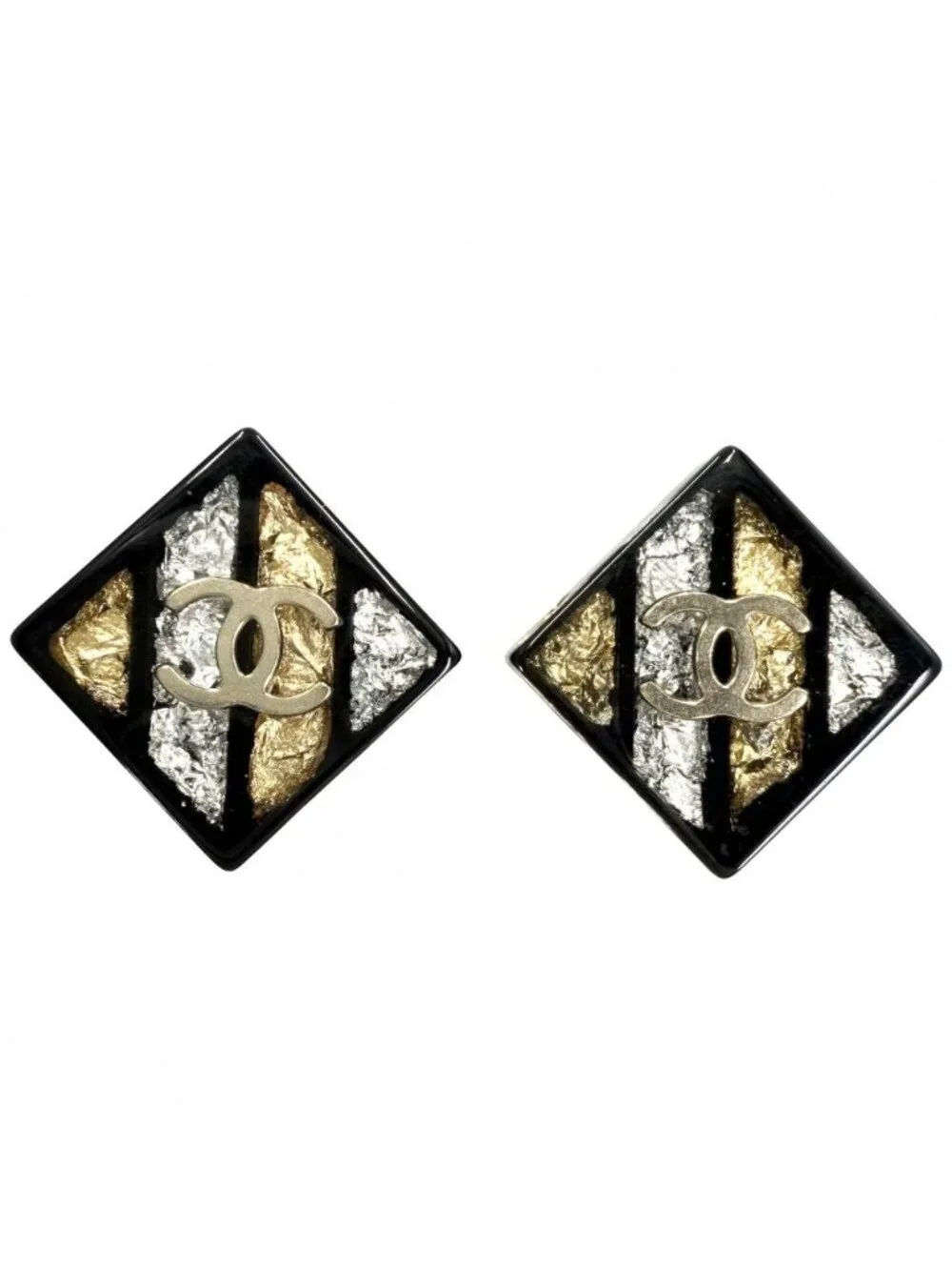 Chanel Big Earrings CC Logo Diamond 16c Black Gold